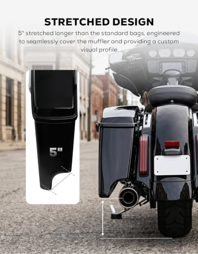 XFMT Motorcycle Saddlebags 5" Stretched Hard Saddle Bags Extended Saddlebags W/Chrome Latches For Harley Touring Road King Street Glide Road Glide Electra Glide 2014-2024, Vivid Black - color: 5" Stretched-Vivid Black Chrome Latches