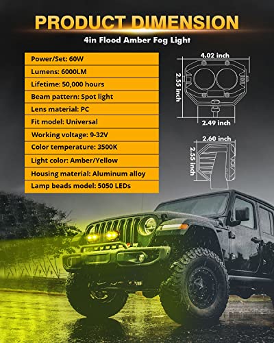 Auxbeam 4In 60W Amber Fog Lights, Amber Led Pods Super Bright Spot Beam Offroad Lights with Plug and Play Wiring Harness Kit for Truck SUV ATV UTV Jeep Wrangler Motorcycle - color: Amber Spot Beam (ZD000706)