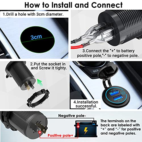 Pack of 2 x 36W Quick Charge 3.0 USB Car Charger Socket, 12V/24V Dual USB Quick Charge 3.0 Car Cigarette Lighter Adapter with Touch Switch for Motorcycle, Boat, Truck, Caravan - color: 36W