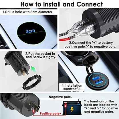 Pack of 2 x 36W Quick Charge 3.0 USB Car Charger Socket, 12V/24V Dual USB Quick Charge 3.0 Car Cigarette Lighter Adapter with Touch Switch for Motorcycle, Boat, Truck, Caravan - color: 36W