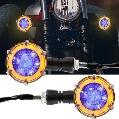 4Pcs Universal 10mm Motorcycle Turn Signal 3-Wires 18LED Blue/Amber Sequential Flowing Indicators with DRL Switchback Glow Fits Harley/Honda/Kawasaki, Street/Cruiser/Dirt Bike