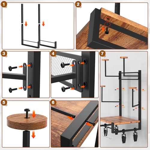 Wall Mounted Motorcycle Helmet Holder, Heavy-Duty Helmet Rack with 4 Helmet Mounts & 4 Glove Clips, Rustic Wall Mounted Organizer with 4 Hooks for Motorcycle Helmets, Shoes, Accessories
