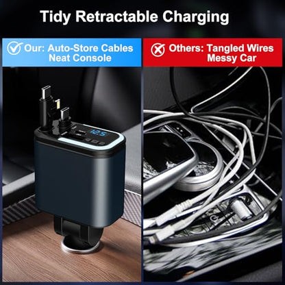 5-in-1 120W 30-Minutes Fast Flash Charging Retractable Car Charger, Wireless Bluetooth FM Transmitter, Type-C+USB-A Car Charger Adapter, Compatible with iPhone 17/16/15/14/13 Pro Max & Android Devices