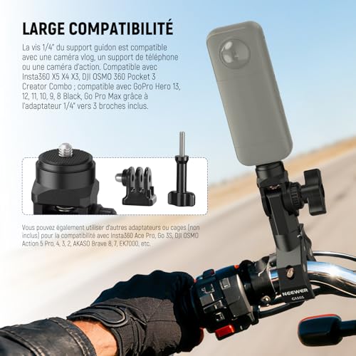 NEEWER Motorcycle Bike Handlebar Clamp Mount, Heavy Duty Clip Holder, 1/4" Screw & 3 Prong Adapter Compatible with Insta360 X5 X4 GoPro Hero 13 12 POV Video Recording, 360° Rotation & 270° Tilt, CA161 - style: CA161