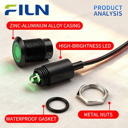 5PCS 12mm(1/2") Waterproof 5V 12V 24V LED Indicator Light White Metal Signal Dash Pilot Light for Automotive Industrial Equipment(12V-24V White LED Light - color: 12mm-White Light-5PCS