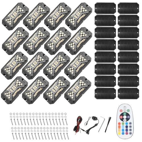 SUNPIE 16 Pods RGBW Rock Lights – Full Beam Angle, 30 High Power Chips, Aluminium Housing, Mounting Pads Included, IP67 Waterproof, Music Mode Underglow Lights, Fits Trucks, SUV, ATV, UTV, Boats - size: 16Pcs