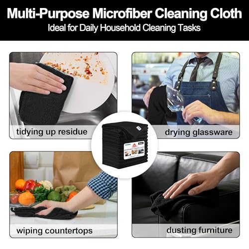 Microfiber Cleaning Cloth, 12 Pack Black Cleaning Rags,12" X 11" Lint Free Dish Towels Wash Cloths, Reusable Microfiber Towels for Home and Kitchen Bathroom Apartment Cleaning Supplies - color: Black, size: 12 Pack