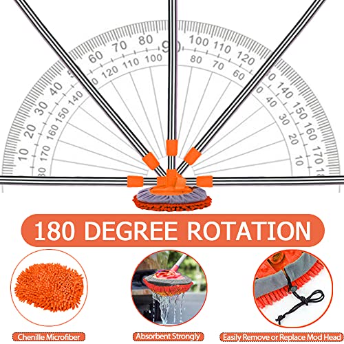 WillingHeart 47.5" Car Wash Brush Mop Cleaning Tool with Long Handle Kit for Washing Detailing Cars Truck, SUV, RV, Trailer, Boat 2 in 1 Chenille Microfiber Sponge Duster Not Hurt Paint Scratch Free - color: Orange