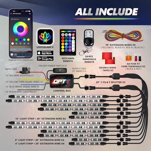 OPT7 12pcs Motorcycle LED Strip Lights with App & Remote Control, RGB Multicolor & Sound Sync Neon Accent Bike Underglow Lighting Kit, 12V Switch for Harley Honda Yamaha Kawasaki