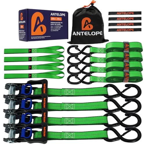 Ratchet Tie Down Straps Set, 2100 LBS Breaking Strength, 4 Pack 1" x 15' Heavy Duty Ratchet Straps, Cargo Strap, Motorcycle Straps for Trucks, Bicycle, Kayak, Moving, Tie Downs with S Hooks, Green - color: Green, size: 4PK-1 in