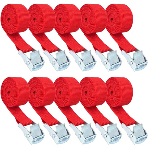 10 Pack Lashing Straps with Buckles Adjustable, 1" x 78" Cam Buckle Tie Down Strap, Red Cargo Straps for Securing Luggage, Cargo, Bicycles, Motorcycles - size: Red 1" x 78"