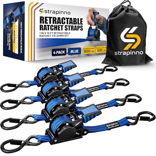 Strapinno Retractable Ratchet Straps (4-Pack), 1 in x 10 ft, 1,500LBS Break Strength, Most Durable Straps and Core, Auto Self Retracting Tie Downs for Truck, Moving, Motorcycle, Bike, Jetski, Kayak - color: Blue Strap, Black Coated