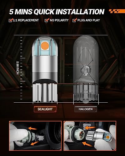 SEALIGHT 194 LED Bulb 2700K Amber, 168 2825 T10 W5W 3030 Bright LED Chips, Dome Light, Map Light, Door Light, Courtesy Light, License Plate Light, Pack of 10 - color: Amber Yellow, size: 194/168/T10