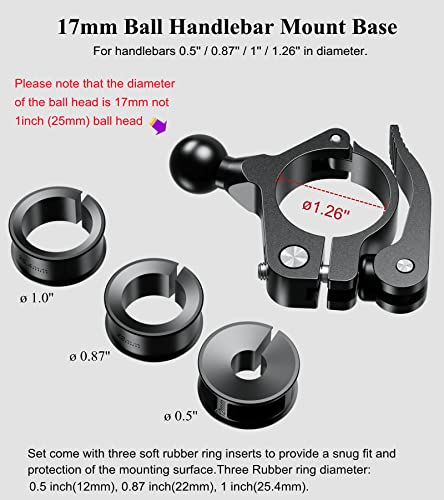 BRCOVAN 17mm Ball Handlebar Clamp Mount Base, Fit for Round Rails 0.5'' / 0.875'' / 1'' / 1.125'' / 1.26'' in Diameter, Tool-Free Installation