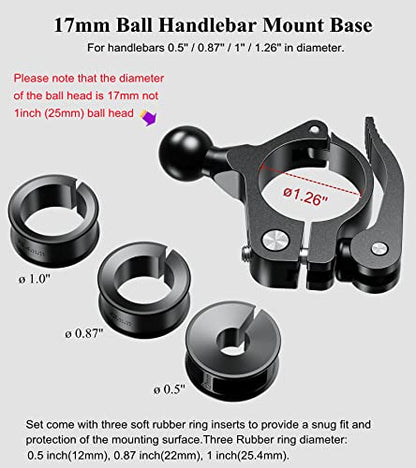 BRCOVAN 17mm Ball Handlebar Clamp Mount Base, Fit for Round Rails 0.5'' / 0.875'' / 1'' / 1.125'' / 1.26'' in Diameter, Tool-Free Installation