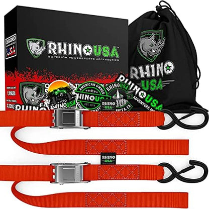 Rhino USA Motorcycle Tie Down Straps (2 Pack) Lab Inspected 3,328lb Break Strength, Steel Cambuckle Tiedown Set with Integrated Soft Loops - Better Than a Ratchet Strap (Red 2-Pack)