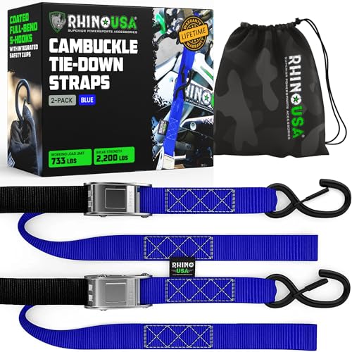Rhino USA Motorcycle Tie Down Straps (2 Pack) Lab Inspected 2,200lb Break Strength, Steel Cambuckle Tiedown Set with Integrated Soft Loops - Better Than a Ratchet Strap (Blue 2-Pack) - color: Blue 2-Pack