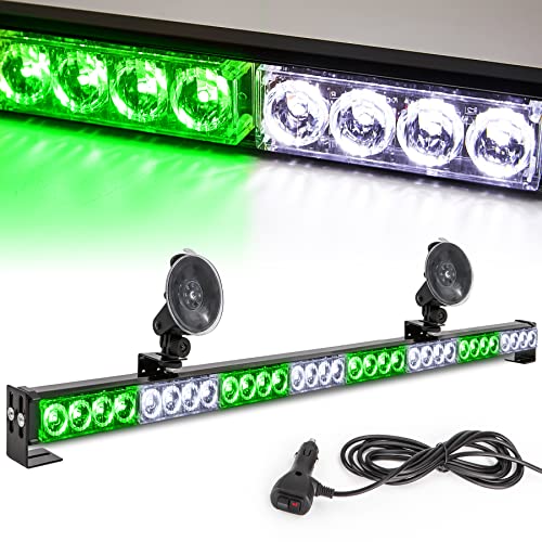 White/Green Emergency Strobe Light Bar 36 in 13 Flash Patterns Traffic Advisor Warning Hazard Windshield Safety Lights Bar with Cigar Lighter for Vehicles, Truck (35.5 Inch, White/Green 32 Led) - color: White/Green