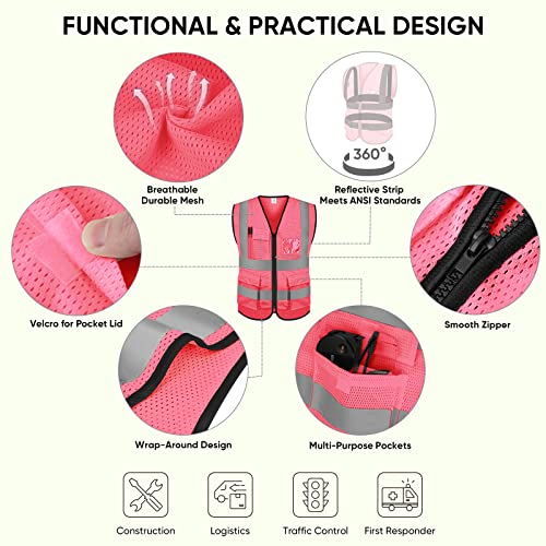 TICONN Reflective Safety Vest High Visibility Class II Mesh Vest for Women & Men Meets ANSI Standards - color: Pink, size: Medium