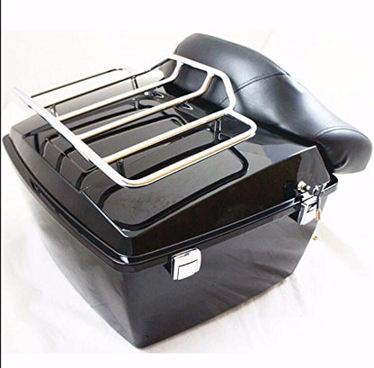 ECOTRIC King Luggage Trunk W/Backrest & Mount Rack Compatible with Harley Davidson Touring Model 2009-2013 Electra Glide/CVO/Road Glide/Road King/Street Glide Top Luggage Rack Carrier Set - color: Black, size: King Luggage Trunk W/ Backrest Pad & Luggage