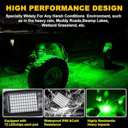 Nicoko 4Pods Pure Green LED Rock Lights 72w high Power Rock Lights Neon Underglow Light for Car Trucks ATV UTV SUV Boat Underbody Glow Trail Rig Light IP68 Waterproof - size: Pure green rock lights - 4 pack