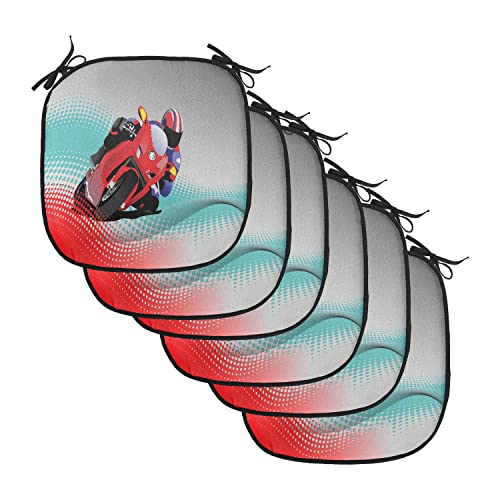Lunarable Motorcycle Chair Cushion Pads Set of 6, Biker on Road Digital Dot Background Fast Extreme Risky Leisure Graphic Work, Anti-Slip Seat Padding for Kitchen & Patio, 16"x16", Red Grey Blue - color: Red Grey Blue, size: Pack of 6
