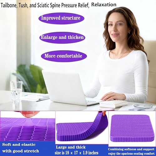 Innovative Gel Seat Cushion for Long Sitting, Large Cooling Supportive Seat Cushion for Back, Sciatica, Tailbone Pain Relief, Used for The Office, Wheelchair, Recliner, Car, Stadium, Kayak.(Púrpura)