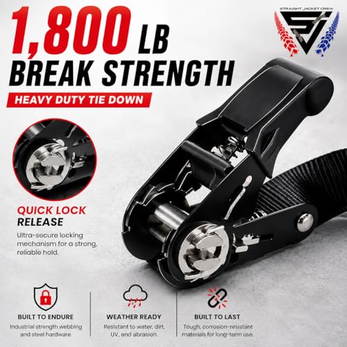 Ratchet Tie Down Straps (4 Pack) - 1,823lb Max Break Strength incl. (4) Heavy Duty 1" x 15' Rachet Tie Downs with Hooks & Handles Best for Moving Securing Cargo by Straight Jacket Crew (Black) - color: Black, size: 1" x 15'