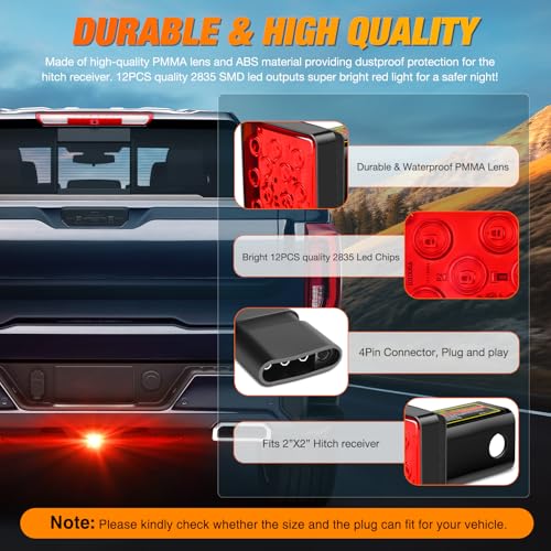 Nilight LED Brake Light Trailer Hitch Cover Square Red Lens Vehicle Tow Hitch Driving Brake Lamp 12 LEDs Brake Tail Lights with 2" Receiver for Towing Truck RV and SUV - color: LED Brake Trailer Light 1PCS