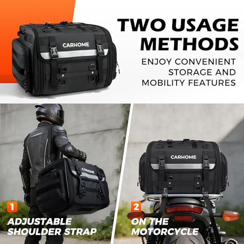 Motorcycle Tail Bag, 40L-60L Expandable Motorcycle Travel Luggage, Waterproof All-Weather Rear Seat Bag with Sissy Bar Straps & Rain Cover, Universal Trunk Rack Bag - Black