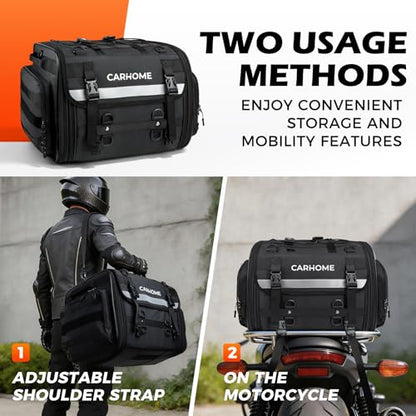 Motorcycle Tail Bag, 40L-60L Expandable Motorcycle Travel Luggage, Waterproof All-Weather Rear Seat Bag with Sissy Bar Straps & Rain Cover, Universal Trunk Rack Bag - Black