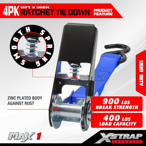 XSTRAP STANDARD Ratchet Tie Down Straps 4 Pk 10 Ft- 300 Lbs Load Cap- 900 Lbs Break Strength-Cargo Straps for UTV, ATV, Pickup,Truck, Moving Appliances, Lawn Equipment, Blue - color: Blue, size: 4pk 1inchx10ft