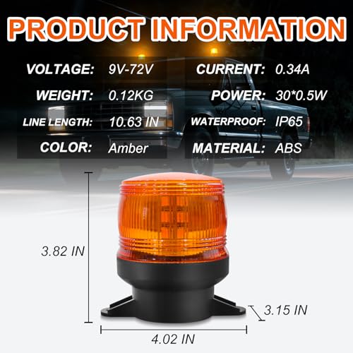 2PCS Amber Emergency Strobe Lights, Universal Flashing Beacon Lamp | 30 LED High Visibility Warning Lights, IP65 Waterproof Rating, for Cars, Truck, Vans,Tows, Tractors, Forklifts, Vehicles