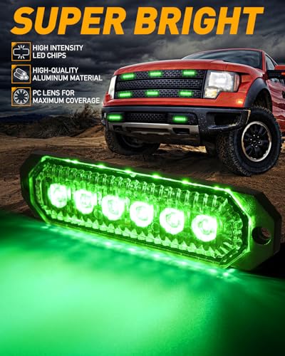 HLauto 406T Emergency Strobe Grille Lights: 4Pcs 6 LED Sync Feature Safety Warning Flashing Light, 12V-24V Ultra Slim Surface Mount Hazard Caution Light for Truck, Vehicle, Car, ATV, UTV (Green) - color: Green