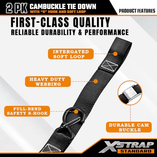 XSTRAP STANDARD Motorcycle Tie Down Straps (2 Pack) 3,000lb Break Strength, 1.5 in X 8FT Heavy-Duty Cambuckle Tie Down Set with S Hook and Soft Loops, Black - color: Black