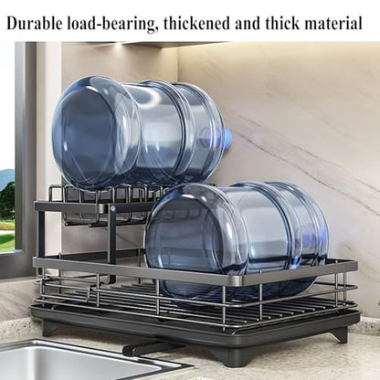 2-Tier Dish Drying Rack with 360° Rotating Drainage, Detachable Utensil Holder , Rust-Resistant Carbon Steel Dish Drainer for Kitchen Counter - color: White