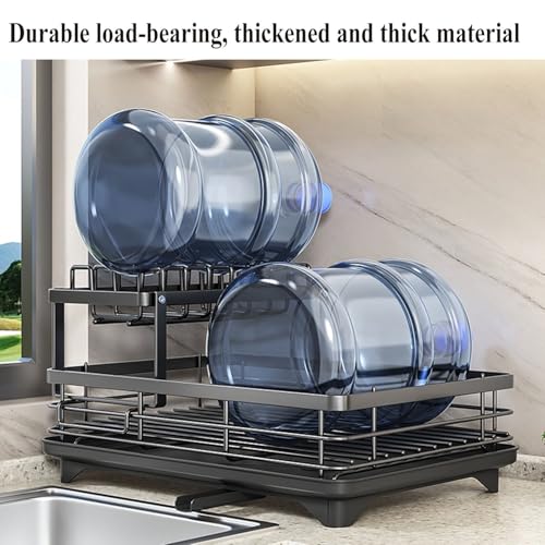 2-Tier Dish Drying Rack with 360° Rotating Drainage, Detachable Utensil Holder , Rust-Resistant Carbon Steel Dish Drainer for Kitchen Counter - color: Black