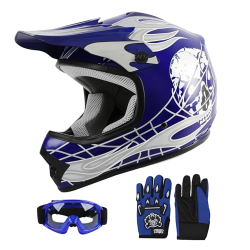 SLMOTO ATV Helmets for Kids Youth DOT Motocross Offroad Street Helmet Motorcycle Blue Helmet Dirt Bike Motocross Helmet+Goggles+Gloves - color: Blue Skull, size: Medium