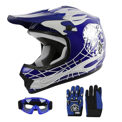 SLMOTO DOT Youth & Kids Motocross Offroad Street Helmet Blue Skull Motorcycle Dirt Bike ATV Helmet + Goggles + Gloves X-Large - color: Blue Skull, size: X-Large