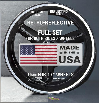 White Reflective Wheel Stickers Stripes 9mm Wide for 17" Motorcycle Bike or Car Rims Vinyl Graphics 3/8in