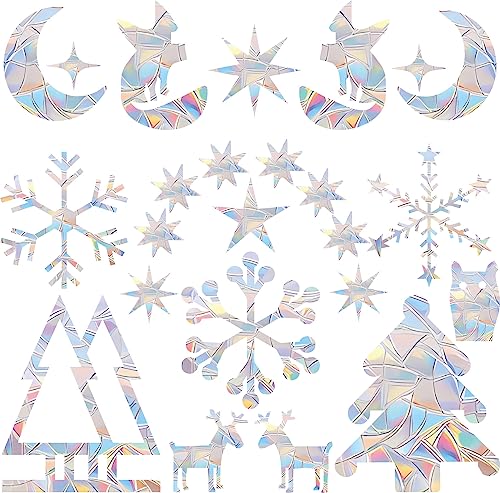 60PCS Christmas Snowflake Window Clings Anti Collision Decals to Save Birds - Non Adhesive Prismatic Vinyl Rainbow Stickers - color: Christmas Snowflake