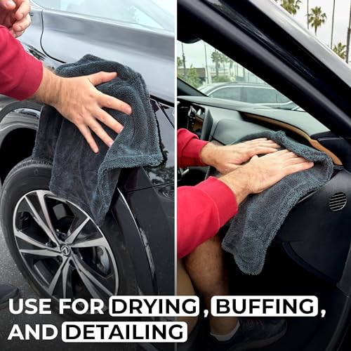 2X Medium Car Drying Towel, 1300 GSM Professional Car Towel with Double Twisted Loop,Super Absorbent Large Microfiber Drying Towels for Cars, Trucks, SUVs - 16"x16" 2-Pack, Gray - color: Gray