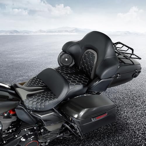 C.C. RIDER Gel Seat Driver Passenger Seat and King/Chopped Tour Trunk Backrest Fit For Harley Touring 2014-2023 Street Glide Road Glide Road King Electra Glide,Gray Hexagon - color: 23# Gel Grey+ 1 Backrest