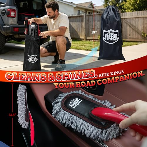 Car Duster Exterior Scratch Free & Interior Detailing Brush Set, Waxed Cotton Waterless Dust Remover, 360° Swivel Telescoping Handle, Multi-Purpose Cleaning Tool for Cars, RVs & Home - color: Light red