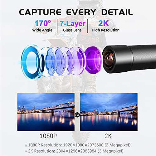 VSYSTO Bike Camera, WiFi Helmet Camera for Motorcycle Bike, Remote Control, 2K Waterproof WDR 170° Super Wide Angle Night Vision SONYIMX335 Lens Portable Bicycle Dash Cam, Loop Recording, G-Sensor - style: Single Camera