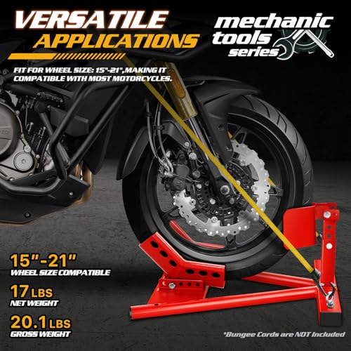 Magshion Motorcycle Wheel Chock, Heavy Duty Motorcycle Stand Front Wheel for 15" to 21" Tires, Wheel Cradle Holder with Car Mount Hook and Bolt-On Option for Trailer or Garage, Red
