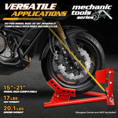 Magshion Motorcycle Wheel Chock, Heavy Duty Motorcycle Stand Front Wheel for 15" to 21" Tires, Wheel Cradle Holder with Car Mount Hook and Bolt-On Option for Trailer or Garage, Red