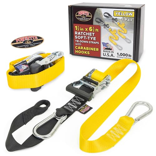 PowerTye 1.5 inch x 6.5ft Heavy Duty Ratchet Tie Down Straps with Carabiner Hooks & Sewn-in Soft-Tye, for Motorcycle, ATV, Trailer & Cargo - 1,000 lb WLL - Made in USA - Yellow/Black Pair - color: Yellow, size: 6.5 ft