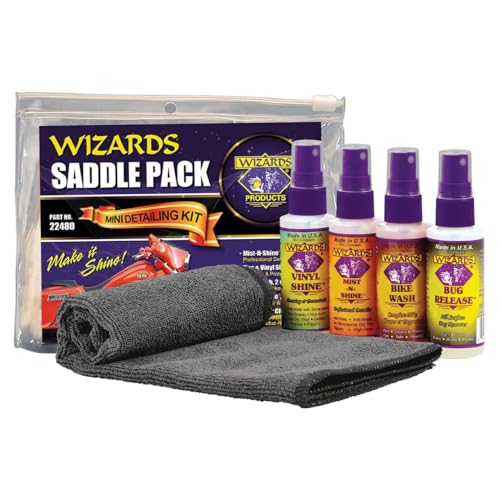 Wizards Motorcycle Cleaner Kit - 5 Piece Motorcycle Accessories Saddle Pack - Motorcycle Detailing Supplies - Bike Surface Cleaner and Tire Cleaner - Powerful Stain Removal Kit With Tire Protectant