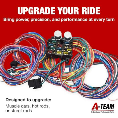 A-Team Performance 12-Circuit Universal Automotive Wiring Harness Kit - 12 Circuits Pre-Wired Fuse Block & Labeled Long Wires - Horn Relay, Headlight Relay & Turn Signal Wiring Kit